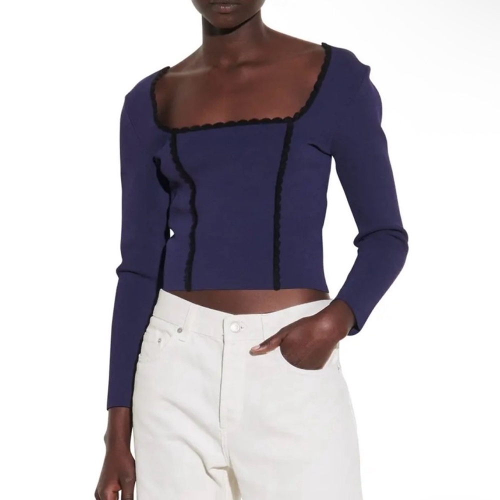 Sandro Paris Jemyl‎ Navy Blue Square Neck Crop Sweater Top Viscose Blend